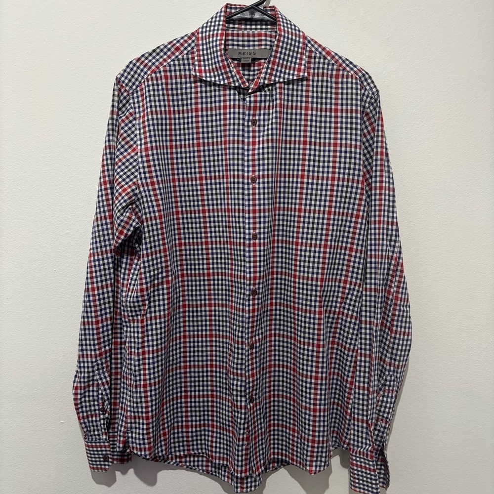 REISS Red White and Blue Checkered Button Down Size Large